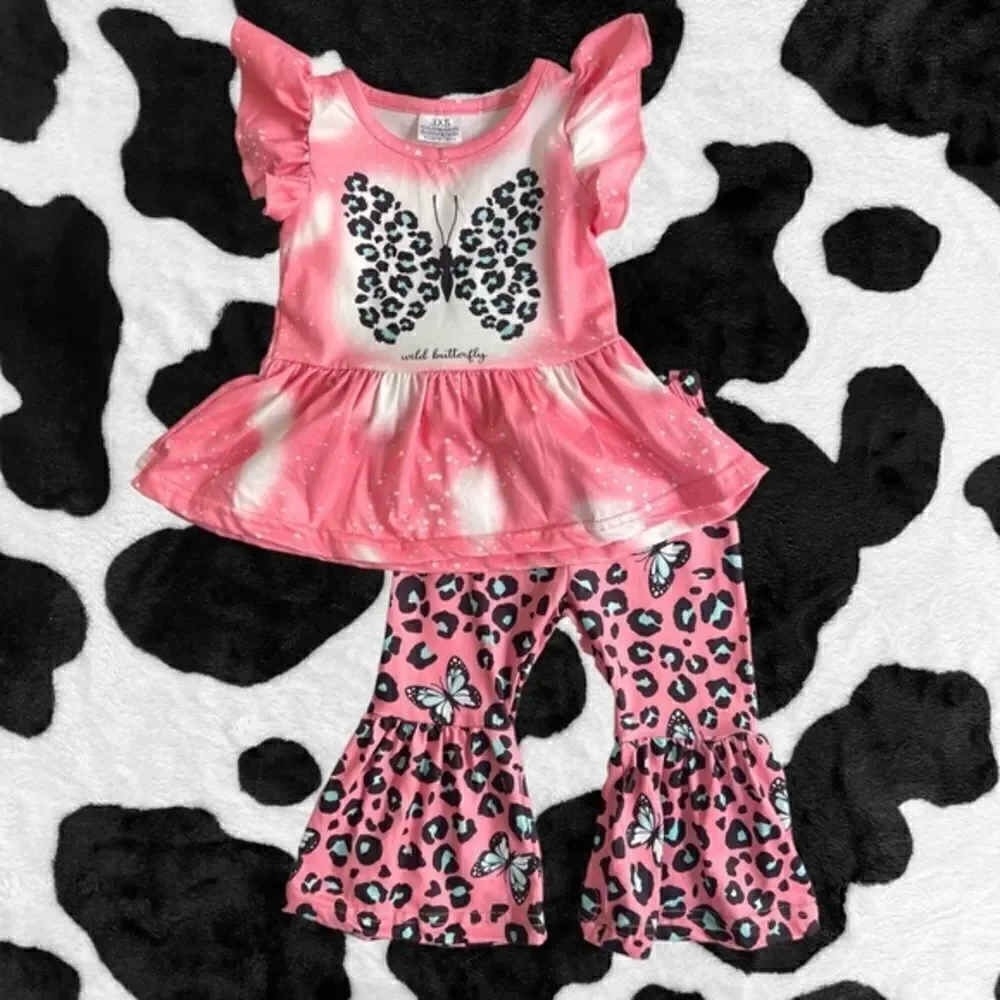 Butterfly Pink Leopard Bell Bottom‎ Set 3XS (6-12 months)